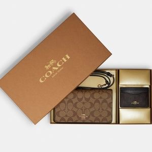 Boxed Anna Foldover Clutch Crossbody And Card Case Set In Blocked Sig canvas